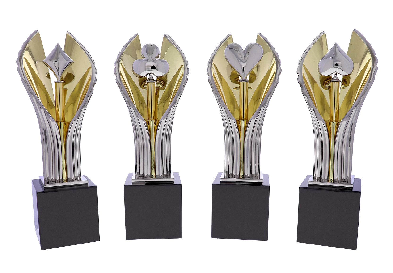Custom poker awards with growing silver and gold columns wrapped around each suit