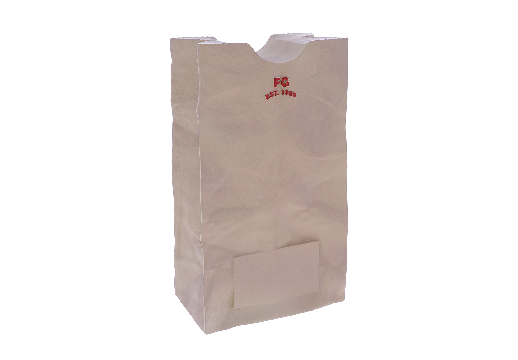Brown paper bag with red logo for fast food chain