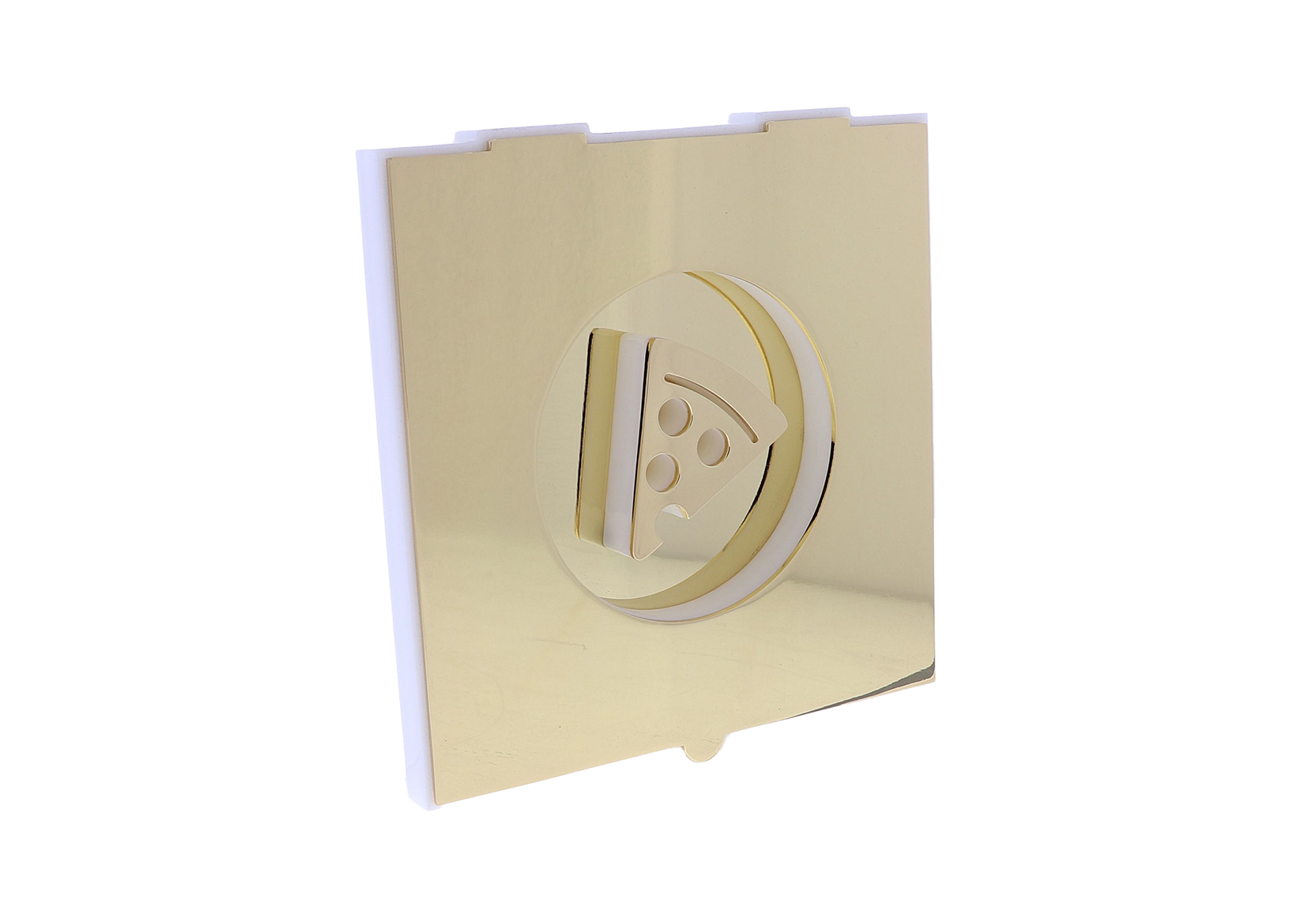 Gold plaque with a slice of pizza in the middle | Society Awards