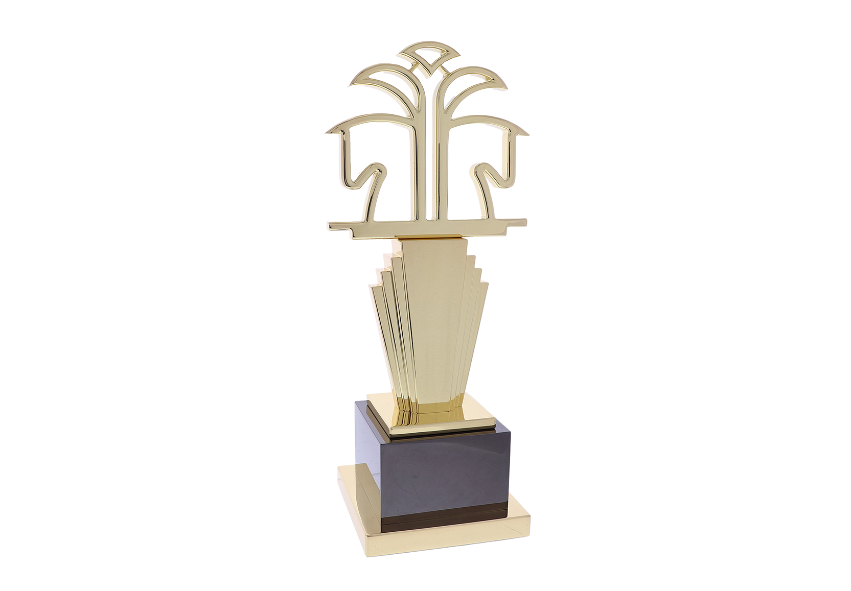 Custom trophy with the outline of two gold horse heads atop a cascading gold tower and black base | Society Awards
