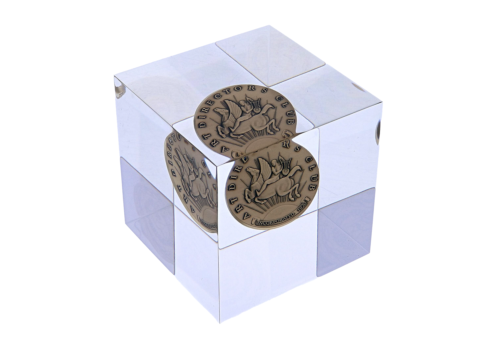 Detailed medallion in clear acrylic cube | Society Awards