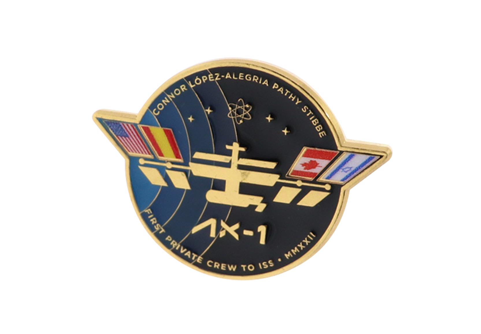 Custom pin with depictions of a spacecraft, flags, stars, and text