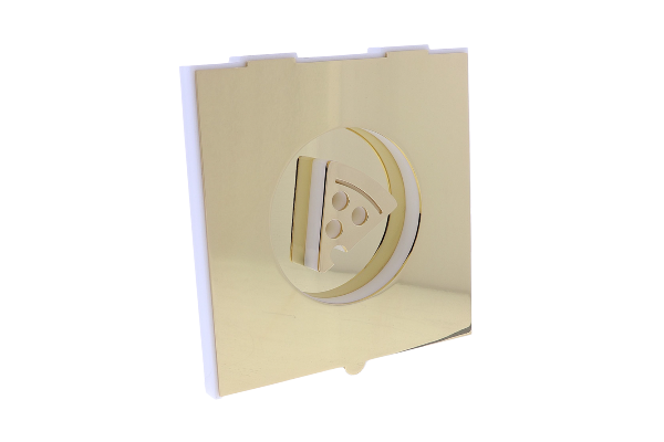 Gold plaque with a slice of pizza in the middle