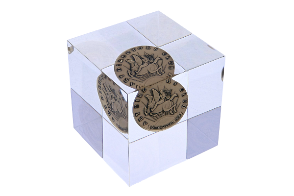 Detailed medallion in clear acrylic cube