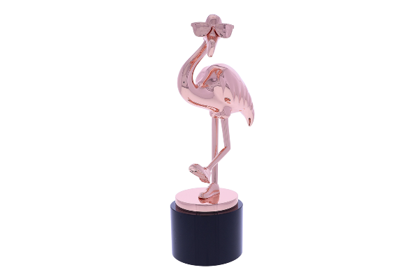 Rose gold flamingo wearing sunglasses atop a black base