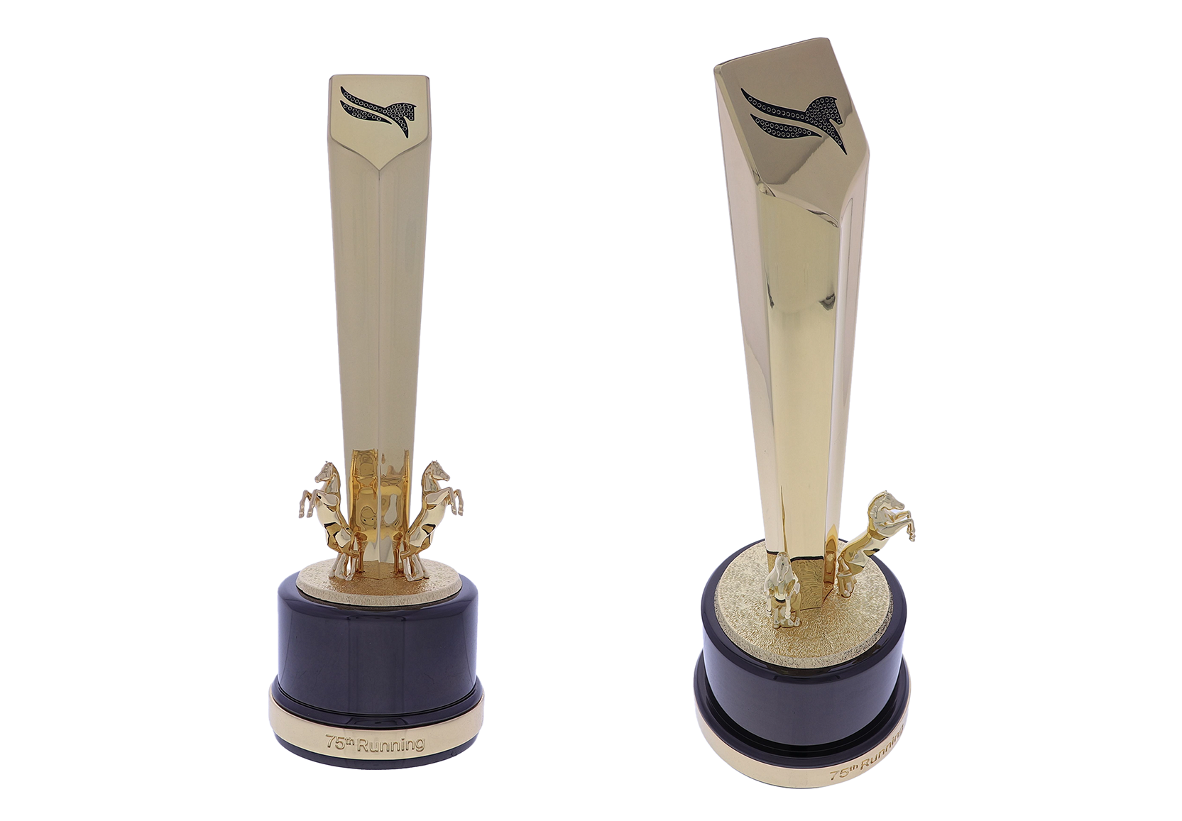 Gold pentagonal tower atop a cylindrical black base with two rearing horses and a logo embellished with black crystals | Society Awards