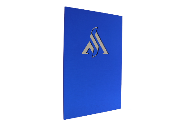 Bright blue plaque with logo cut out