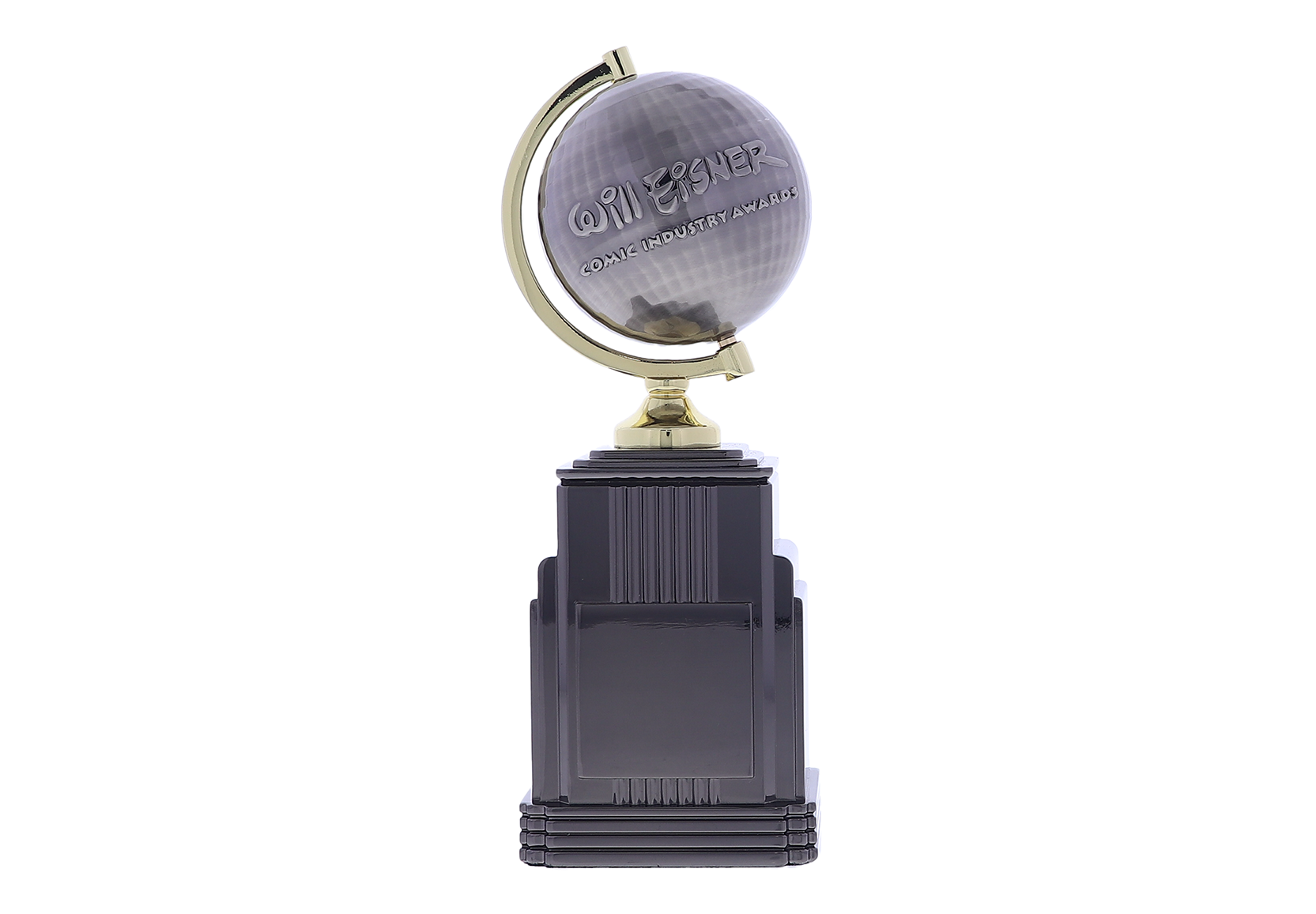 Textured metal globe with a gold arm atop a tiered black base | Society Awards