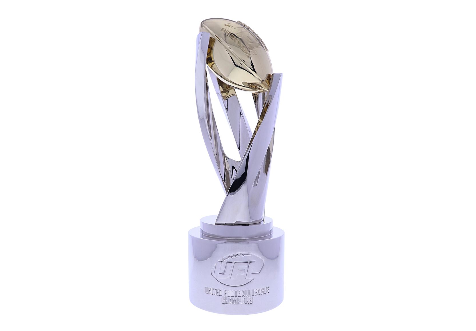 Impressive football trophy with sweeping silver arms hoisting a gold football | Society Awards