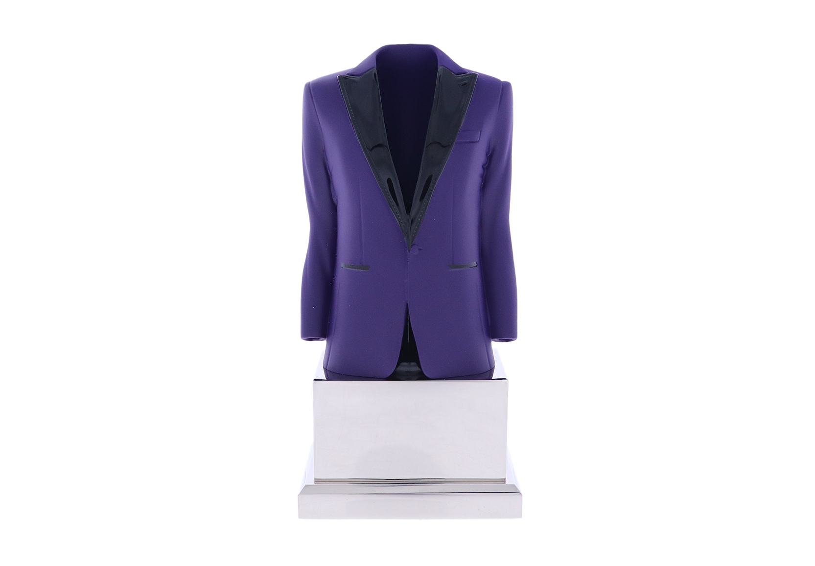 Deep purple tuxedo jacket atop a silver pedestal | Society Awards