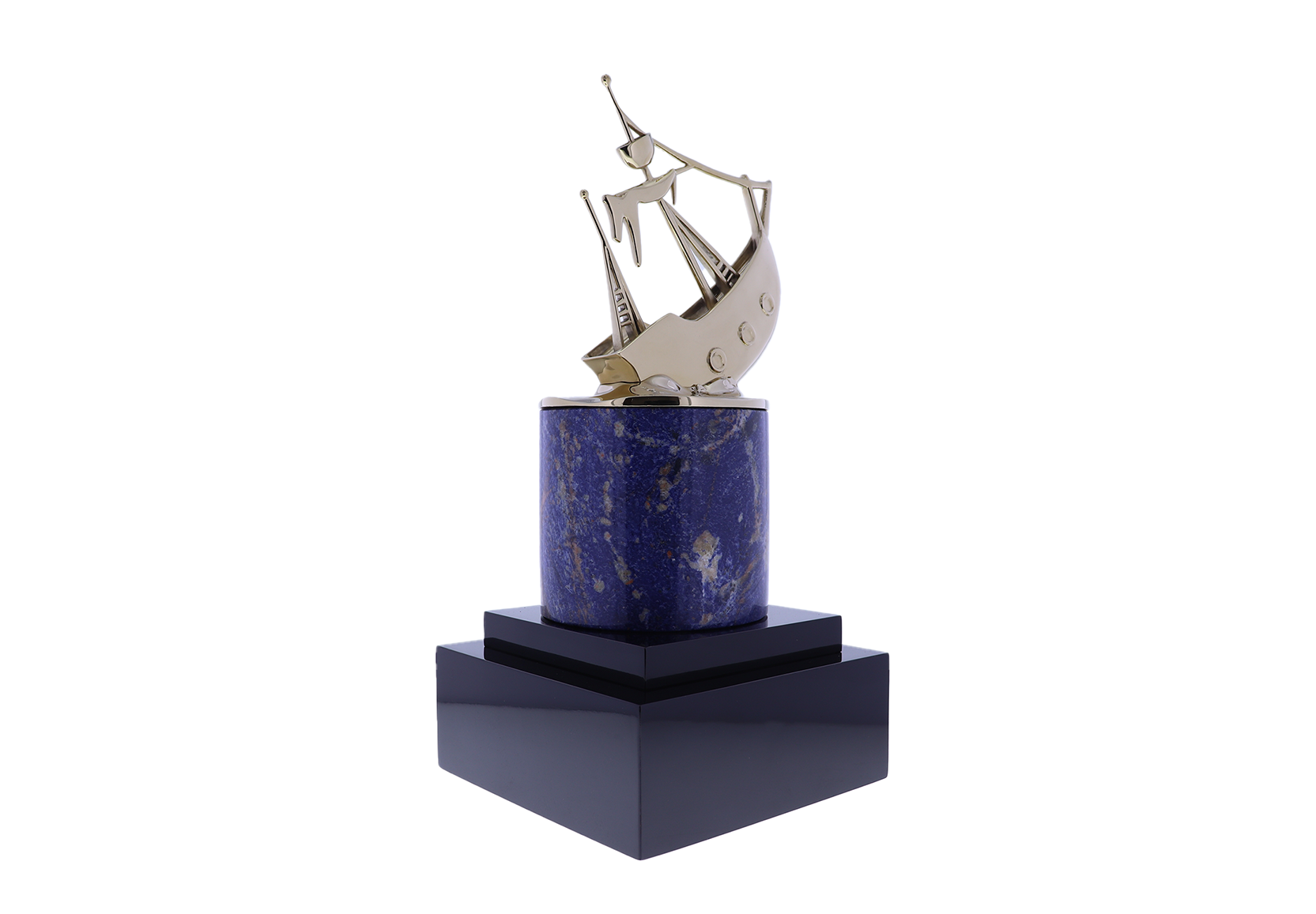 A gold ship sits atop a blue marble cylinder, all atop a tiered black base | Society Awards