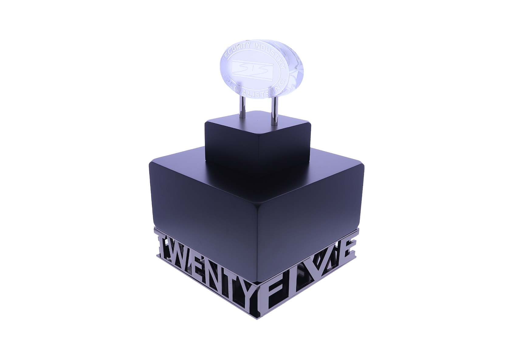 Crystal oval atop tiered black blocks with a cut-out of the words "twenty five" | Society Awards