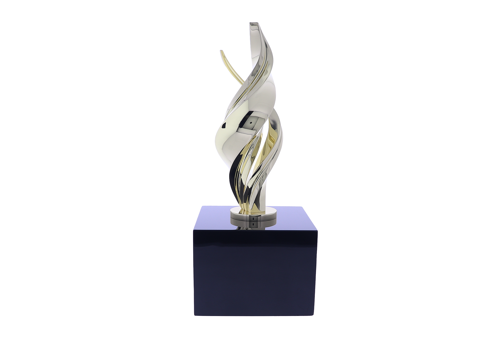 Flame sculpture made up of gold intertwining metal atop a black base | Society Awards