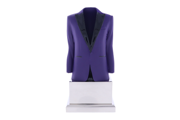 Deep purple tuxedo jacket atop a silver pedestal