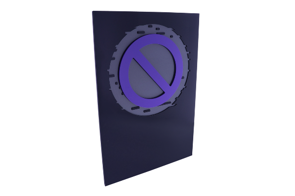 Black plaque with grey detailing and a purple prohibition sign