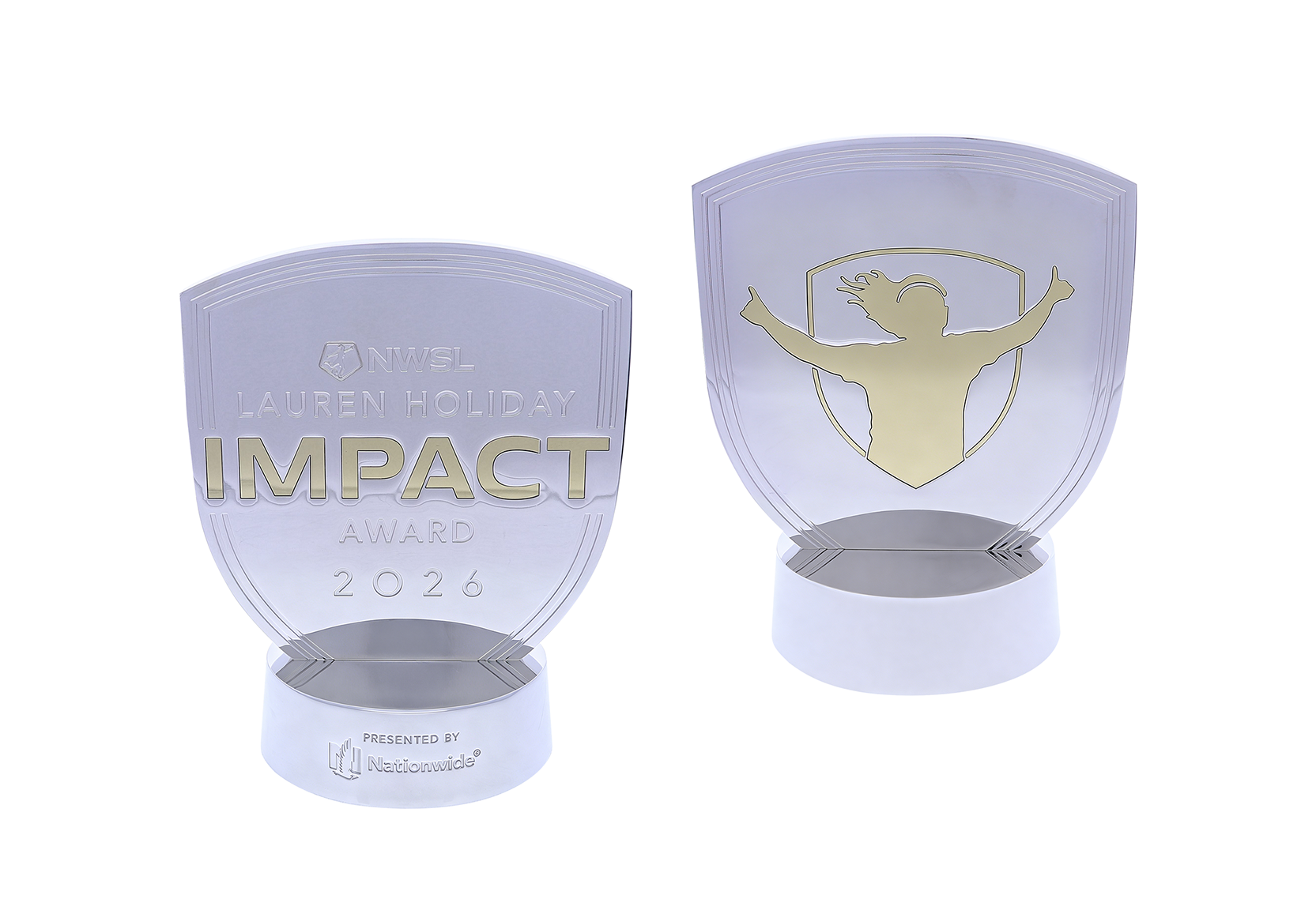 Shield-shaped double-sided silver trophy with text and the silhouette of a celebrating woman | Society Awards