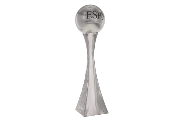 Silver metal globe atop a curved base for the ESPY Awards