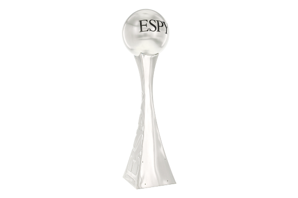 Silver metal globe atop a curved base for the ESPY Awards