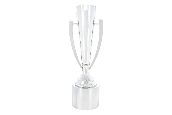 Sleek silver cup with tapered arms atop a cylindrical base