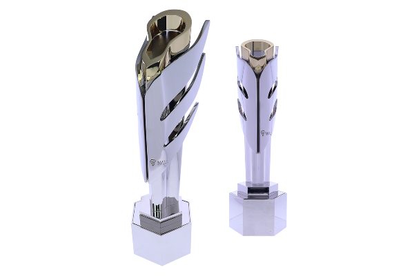 Powerful metal sculpture with silver wings wrapped around the head of a gold lacrosse stick