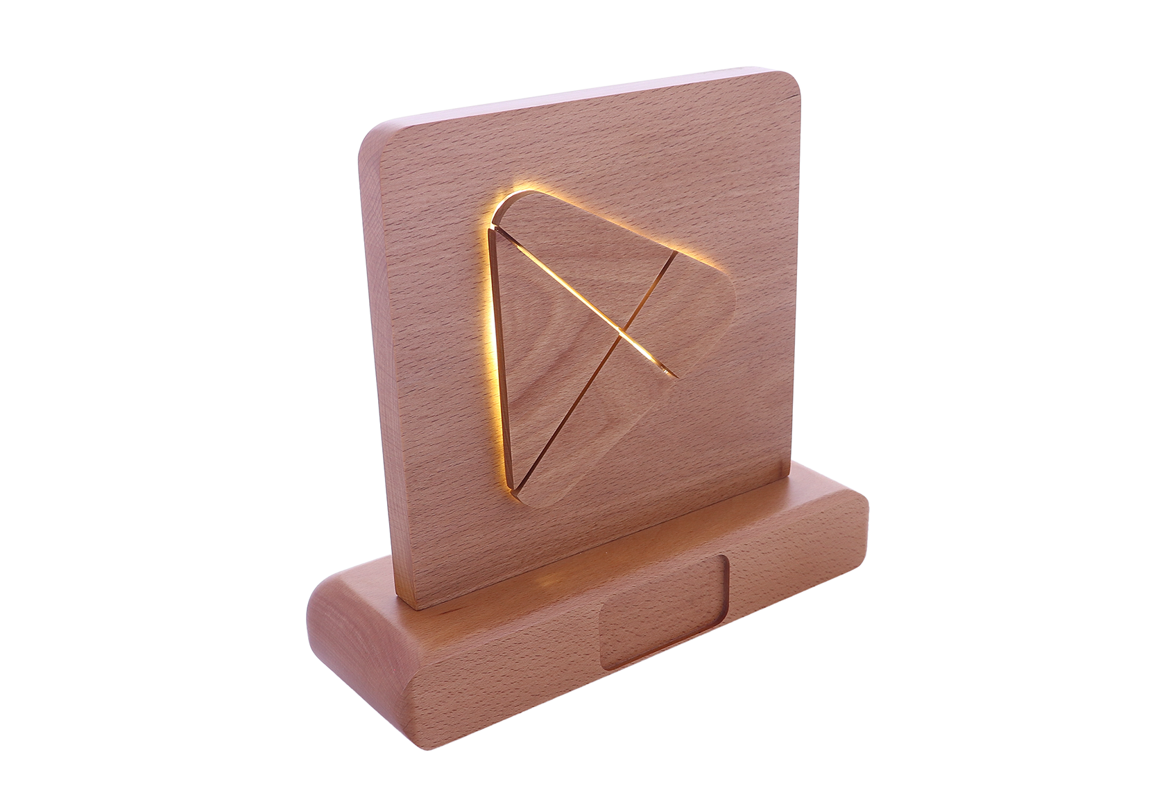 Wooden plaque with a backlit play button | Society Awards