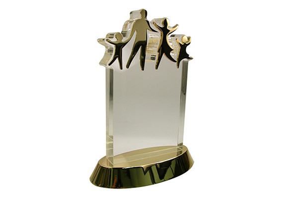 Custom designed family award acrylic with shiny gold details and base