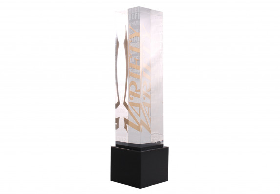 This elegant trophy includes a gold metal logo embedment in clear acrylic Lucite with a screen-printed backdrop. The black base provides a modern and luxurious contrast effect