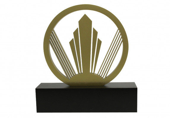 Cut out metal design in metal with elegant gold finish. This unique custom recognition has a spectacular art deco motif.