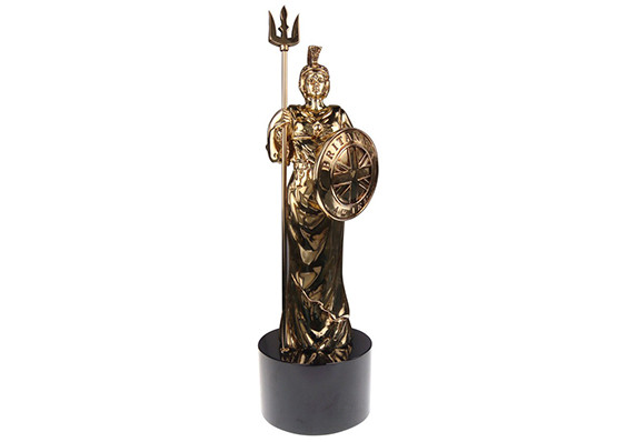 Intricately detailed BAFTA Hollywood Britannia Award - updated rendition of goddess statue designed and made by Society Awards - gold plated metal casting on black crystal base
