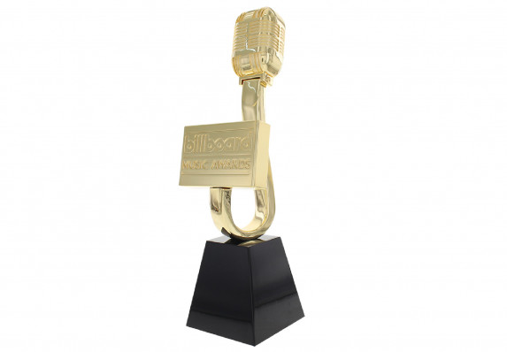 Custom cast metal award plated in 24k gold and mounted on a black enamel base. Presented at the annual Billboard Music Awards Ceremony