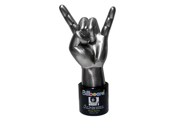 Specially crafted trophy in the shape of a "rock on" hand gesture. Finished in satin silver and mounted on a black base.