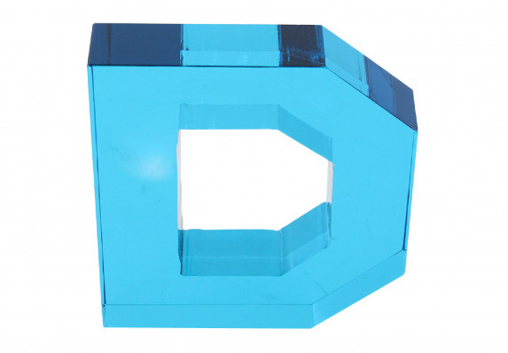 A custom crystal award crafted in a bright blue shade to honor winners of a prestigious packaging design competition.