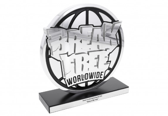 Custom metal logo award crafted in hand-polished silver with high-contrast black colorfill detailing. This unique custom trophy was presented for break dancing, DJing, MCing and art.