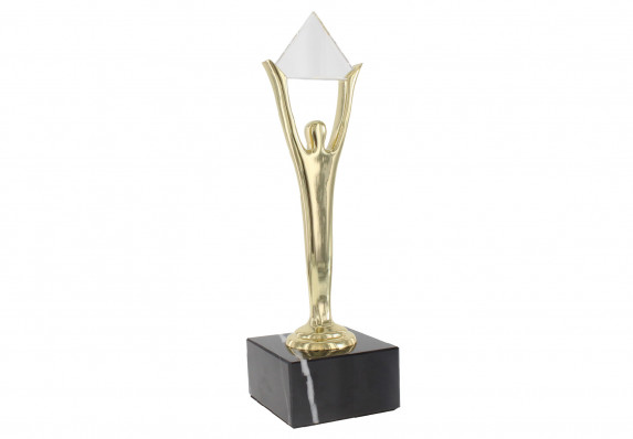 Cast metal figure custom award with black marble base and triangular crystal personalization plaque.