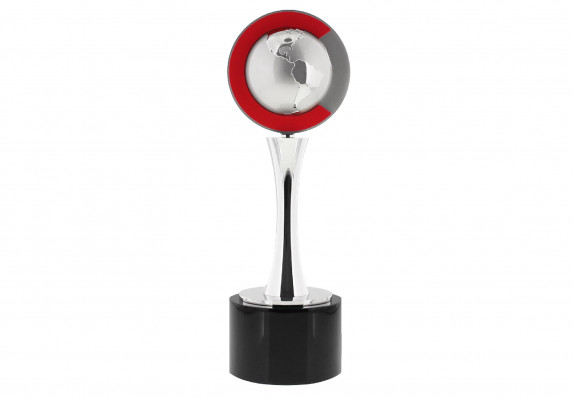 Machine brushed pewter globe decorated with shiny continents and a red "C" atop a black crystal cylinder base.