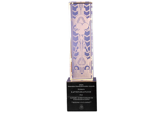 Etched custom crystal award on marble base art deco design by Society Awards