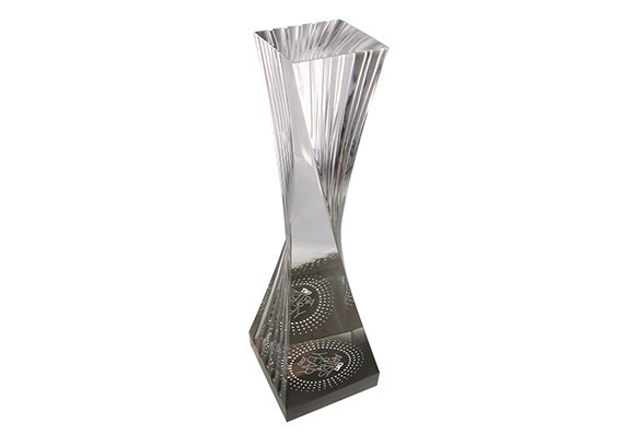 Twisting sculptural trophy made of machined Lucite acrylic with a printed logo base.