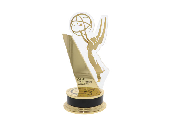 Metal recognition trophy with integrated acrylic panel with metal inlay