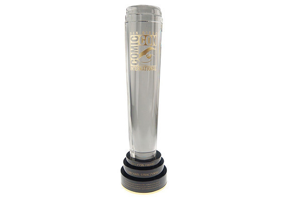 Highest quality full leaded crystal trophy with gold logo colorfill, mounted on black crystal base with gold plated brass spacer.