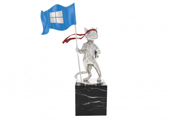 This cast metal cat trophy with logo-emblazoned flag and hand-painted details is mounted on a polished marble base.