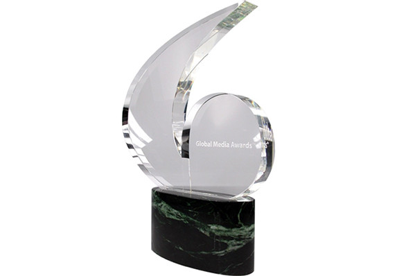 Custom crystal form with sand etching and green marble base