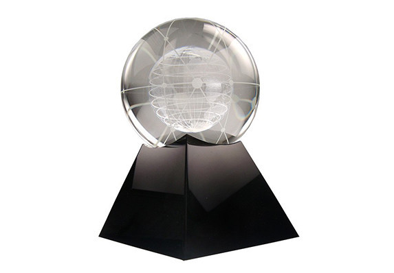 Crystal award with complex 3D etched globe on black crystal base