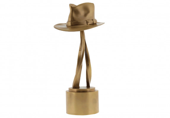 An exceptionally crafted bronze removable hat trophy on complex twisting arms and elegant round base. This custom award is crafted for a prestigious hockey organization.