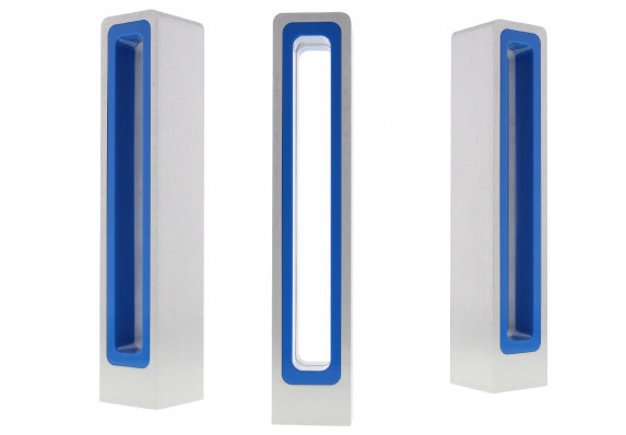 Custom column trophy crafted in a brushed silver metal with a central hole accented with bright blue acrylic. This unique award is presented by iconic automotive brand.