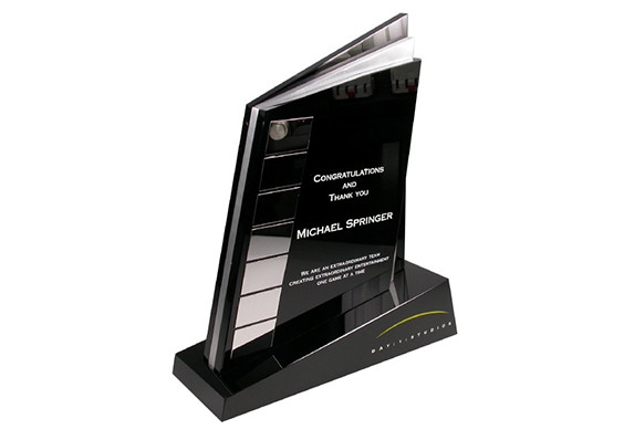 Custom corporate award designed in black crystal and polished aluminum with etched logo