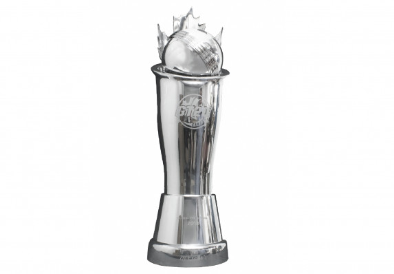 A custom trophy cup crafted for a Canadian cricket competition. This gleaming award was machined from solid blocks of metal and polished to a bright shiny finish.