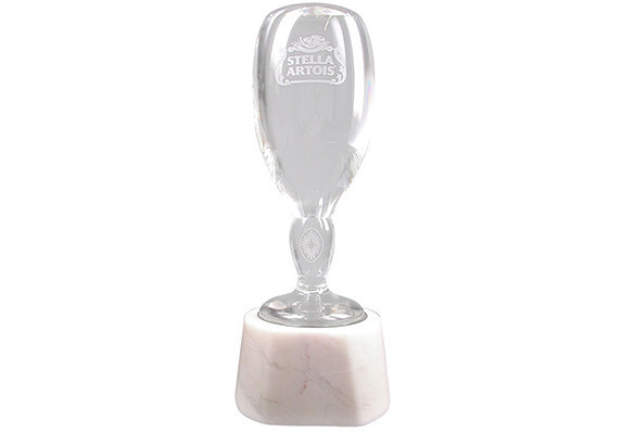 Custom corporate crystal award. The iconic chalice is etched with the logo and mounted on an alabaster white marble base