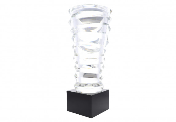 Custom crystal vase recognition award crafted for the sports industry awards program. This unique form of recognition is expertly finished to a luxurious and prismatic effect.