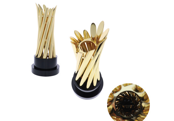 Spiral of leaning gold cylinders on a black base