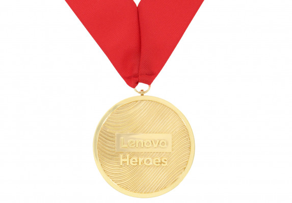 Custom crafted gold medallion with logo and texture mounted on a red ribbon for wearing around the neck. This recognition award was created for a prestigious technology company.